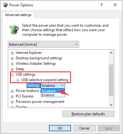 disable usb selective suspend settings